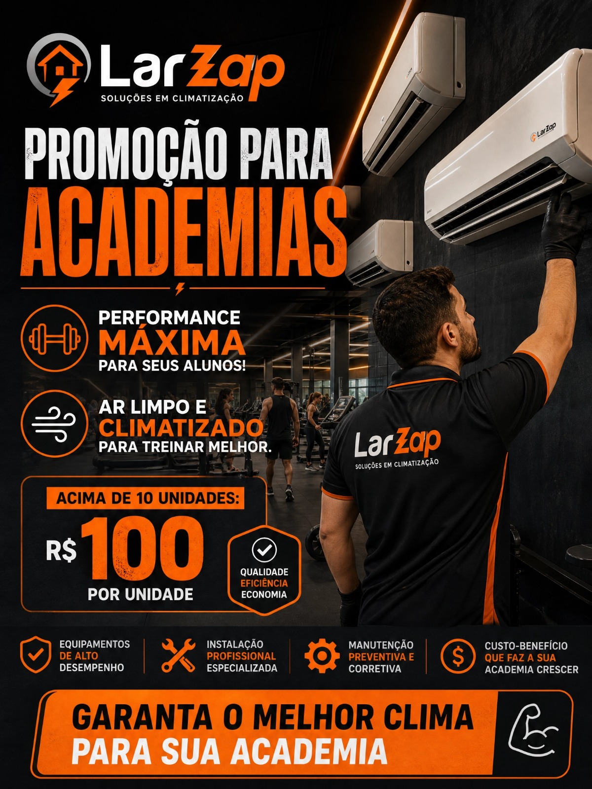 Promoção LarZap para academias: ar-condicionado a R$100 acima de 10 unidades